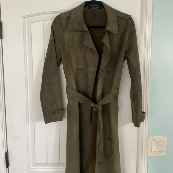 Zara size small forest green suede trench coat - Picture 1 of 5